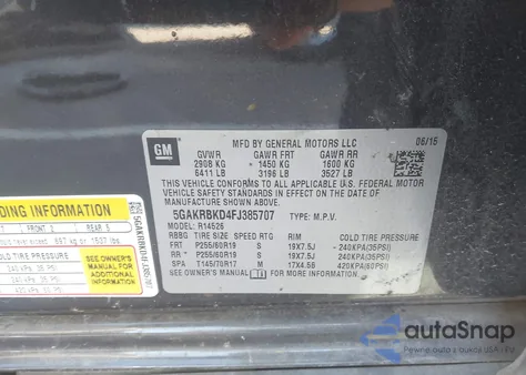 2015 Buick Enclave Leather z USA, uszkodzony, nr VIN 5GAKRBKD4FJ385707